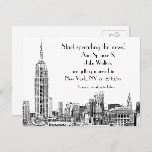 NYC Skyline Etched 01B Save the Date Ankündigungspostkarte (Vorne/Hinten)