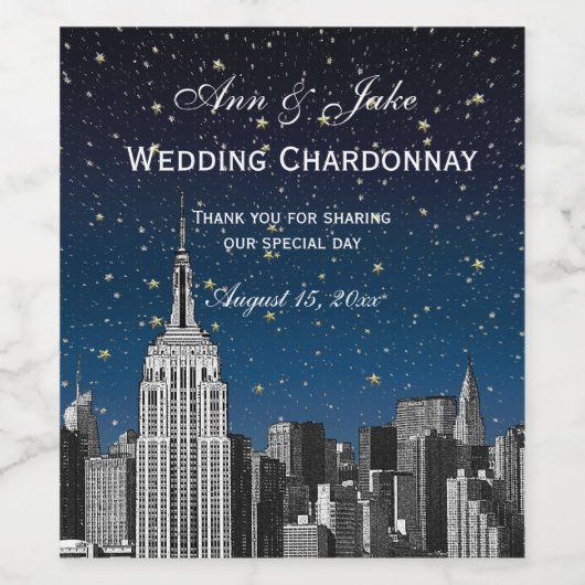 NYC Skyline Etched #2 Starry Blue Gradient BG Weinetikett (Einzelnes Label)