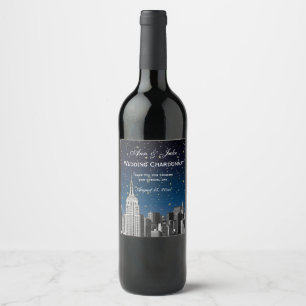 NYC Skyline Etched #2 Starry Blue Gradient BG Weinetikett