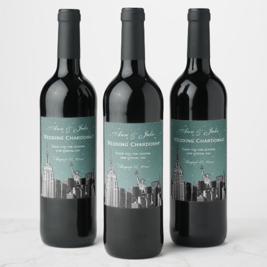 NYC Skyline Etched #2 Starry Turq Aqua Gradient BG Weinetikett (Flaschen)