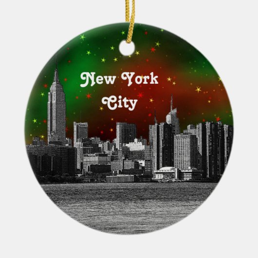 NYC Skyline Etched ESB Red and Green Starry Xmas Keramik Ornament (Vorne)