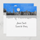 NYC Skyline Etched Look Moon Lt Blue 2 Sweet 16 SQ Einladung (Vorne/Hinten)