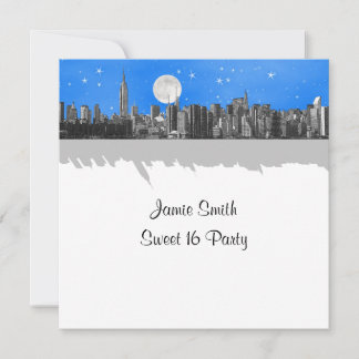 NYC Skyline Etched Look Moon Lt Blue 2 Sweet 16 SQ Einladung