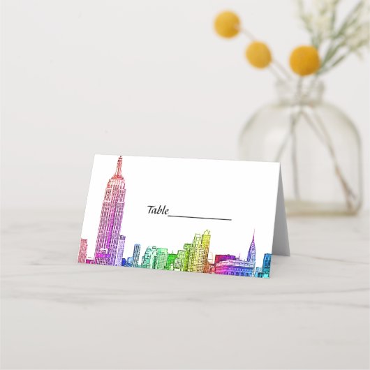 NYC Skyline Etched Rainbow Escortkarten Platzkarte (Rückseite)