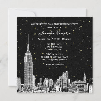 NYC Skyline Etched Starry DIY BG Color SQ Sweet 16 Einladung