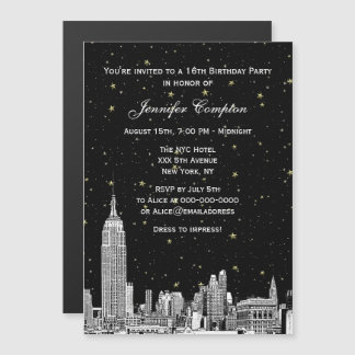 NYC Skyline Etched Starry DIY BG Color SQ Sweet 16 Magneteinladung