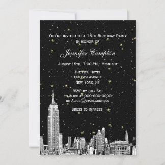 NYC Skyline Etched Starry DIY BG Color Sweet 16 Einladung