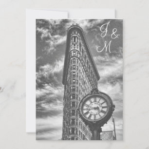 NYC Skyline Flatiron Building & Uhr BW Hochzeit Einladung