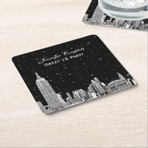 NYC-Skyline geätzte Sterne DIY-Hintergrundfarbe SQ Rechteckiger Pappuntersetzer