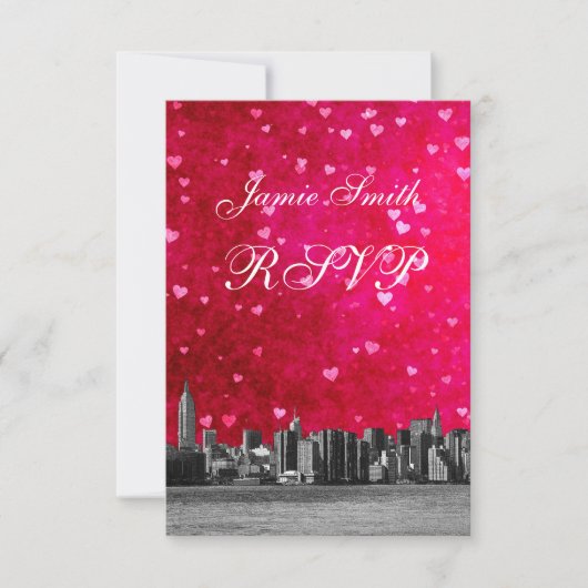 NYC Skyline Hot Pink Red Heart UAWG w Menu RSVP Karte (Vorderseite)