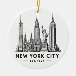 NYC Skyline Illustration with Statue of Liberty Keramik Ornament