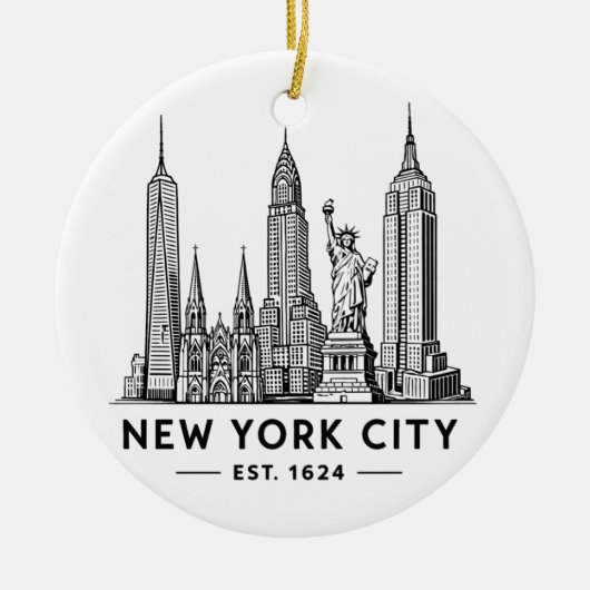 NYC Skyline Illustration with Statue of Liberty Keramik Ornament (Vorne)