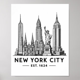 NYC Skyline Illustration with Statue of Liberty Poster