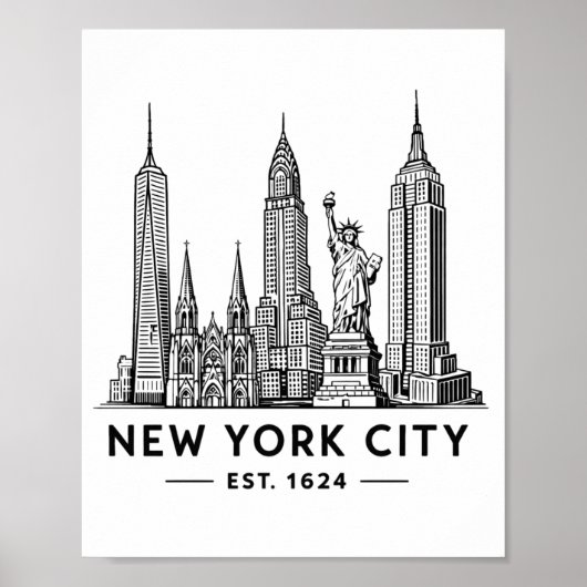 NYC Skyline Illustration with Statue of Liberty Poster (Vorne)