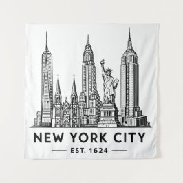 NYC Skyline Illustration with Statue of Liberty Wandteppich