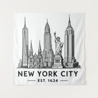 NYC Skyline Illustration with Statue of Liberty Wandteppich
