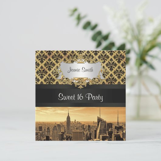 NYC Skyline Sepia B5 Blk Rib Damask Sweet 16 Invit Einladung (Stehend Vorderseite)