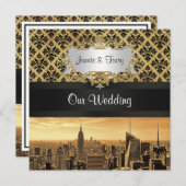NYC Skyline Sepia B5 Blk Rib Damask Wedite Einladu Einladung (Vorne/Hinten)