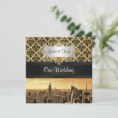 NYC Skyline Sepia B5 Blk Rib Damask Wedite Einladu Einladung (Stehend Vorderseite)