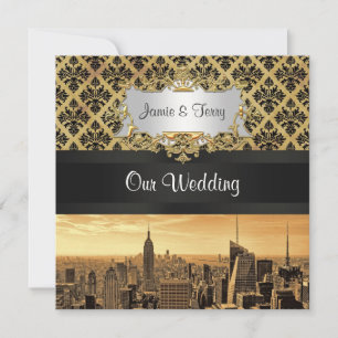 NYC Skyline Sepia B5 Blk Rib Damask Wedite Einladu Einladung