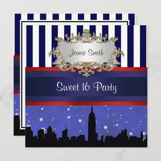 NYC Skyline Sil Blue Sky2 Blue Wht Stripe Sweet 16 Einladung (Vorne/Hinten)