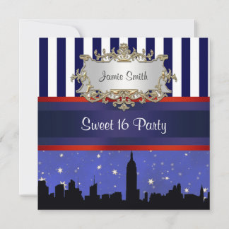 NYC Skyline Sil Blue Sky2 Blue Wht Stripe Sweet 16 Einladung
