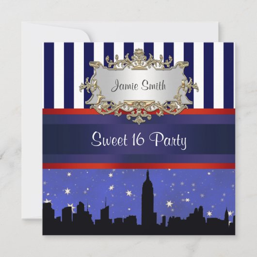 NYC Skyline Sil Blue Sky2 Blue Wht Stripe Sweet 16 Einladung (Vorderseite)