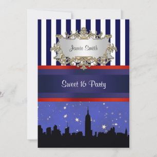 NYC Skyline Sil Blue Sky2 Blue Wht Strp Sweet 16 V Einladung