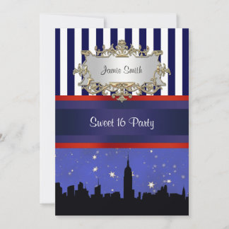 NYC Skyline Sil Blue Sky2 Blue Wht Strp Sweet 16 V Einladung