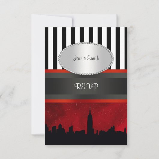 NYC Skyline Sil Red Sky Blk Whit Stripe P UAWG RSVP Karte (Vorderseite)