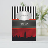 NYC Skyline Sil Red Sky Blk Whit Stripe P UAWG RSVP Karte (Stehend Vorderseite)