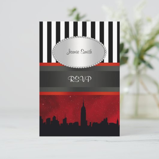 NYC Skyline Sil Red Sky Blk Whit Stripe P UAWG RSVP Karte (Stehend Vorderseite)