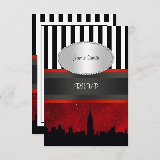 NYC Skyline Sil Red Sky Blk Whit Stripe P UAWG RSVP Karte (Vorne/Hinten)