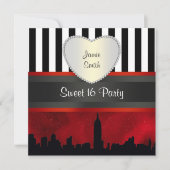 NYC Skyline Sil Red Sky Blk Wht Stripe H Sweet 16 Einladung (Vorderseite)