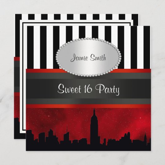 NYC Skyline Sil Red Sky Blk Wht Stripe P Sweet 16 Einladung (Vorne/Hinten)