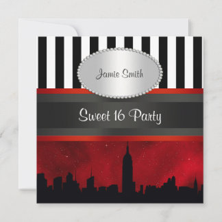 NYC Skyline Sil Red Sky Blk Wht Stripe P Sweet 16 Einladung