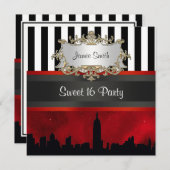 NYC Skyline Sil Red Sky Blk Wht Stripe Sweet 16 Einladung (Vorne/Hinten)