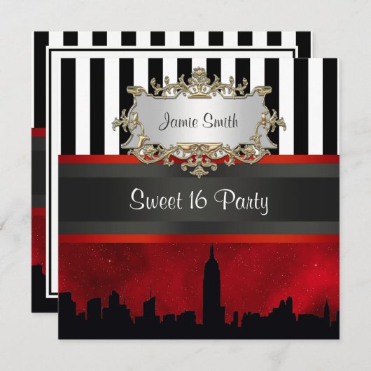 NYC Skyline Sil Red Sky Blk Wht Stripe Sweet 16 Einladung (Vorne/Hinten)