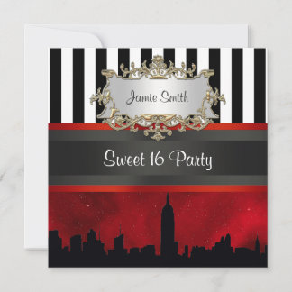 NYC Skyline Sil Red Sky Blk Wht Stripe Sweet 16 Einladung