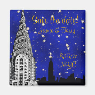 NYC-Skyline-Silhouette Blaue Sterne Save Date Magn Magnet