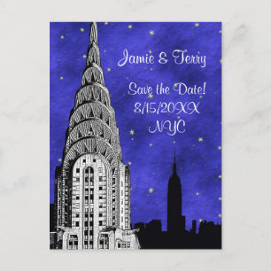 NYC-Skyline-Silhouette Blaue Sterne Save the Date Ankündigungspostkarte