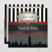 NYC Skyline Silhouette Blk Wht Stripe Sweet 16 Einladung (Vorne/Hinten)