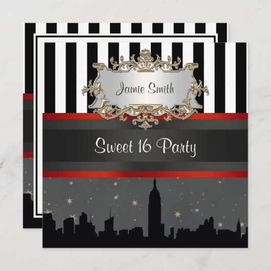 NYC Skyline Silhouette Blk Wht Stripe Sweet 16 Einladung (Vorne/Hinten)