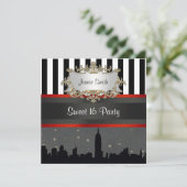 NYC Skyline Silhouette Blk Wht Stripe Sweet 16 Einladung (Stehend Vorderseite)