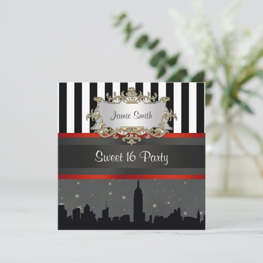 NYC Skyline Silhouette Blk Wht Stripe Sweet 16 Einladung (Stehend Vorderseite)