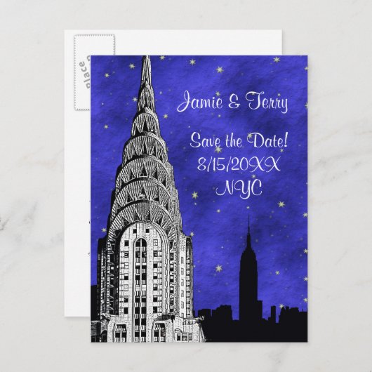 NYC Skyline Silhouette Blue Starry Save the Date 2 Ankündigungspostkarte (Vorne/Hinten)