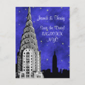 NYC Skyline Silhouette Blue Starry Save the Date 2 Ankündigungspostkarte (Vorderseite)