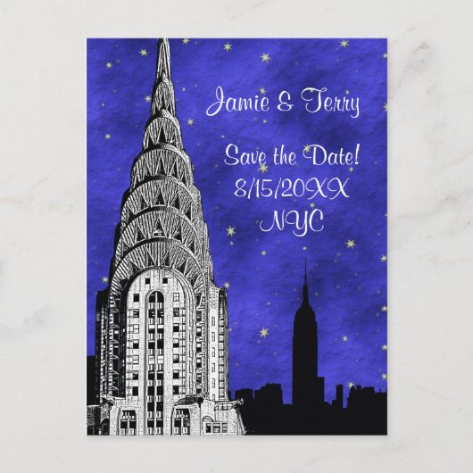 NYC Skyline Silhouette Blue Starry Save the Date 2 Ankündigungspostkarte (Vorderseite)