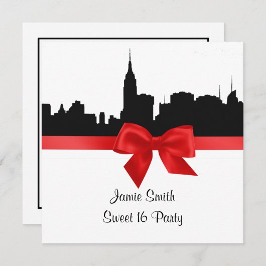 NYC Skyline Silhouette BW Red Sweet 16 SQ Einladung (Vorne/Hinten)