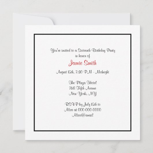 NYC Skyline Silhouette BW Red Sweet 16 SQ Einladung (Rückseite)